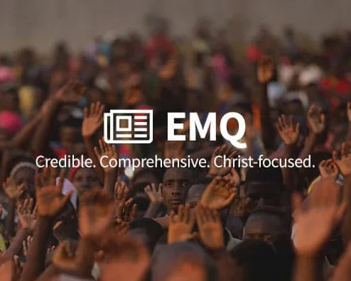 EMQ — Credible. Comprehensive. Christ-focused. — over a crowd with raised hands